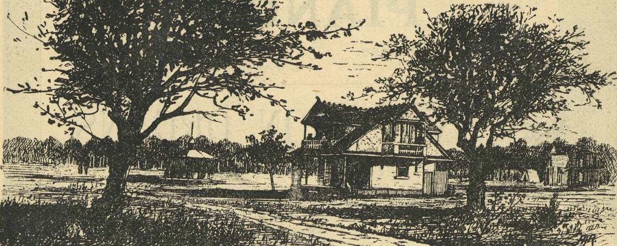 Engraving from the 1888 programme showing a cottage, a small open pavilion and tents among trees on the assembly grounds.